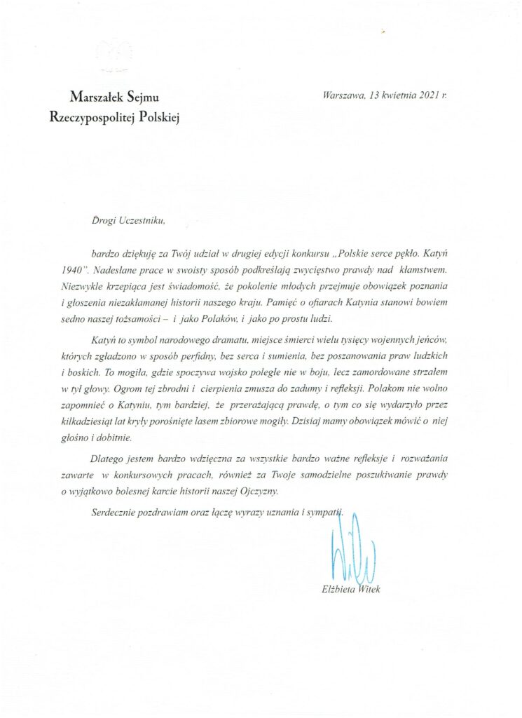 List od Marszałka Sejmu